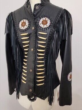 True Vintage Black Leather Western Fringe Leathet Jacket with Bone And Beads